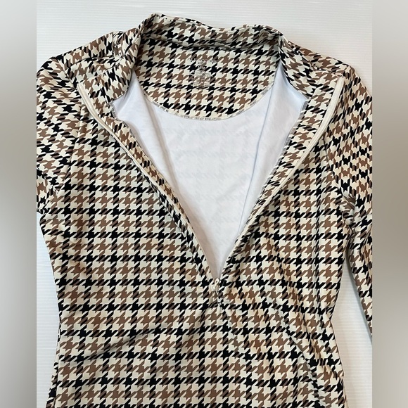 All Access Quarter-Zip Bodysuit Houndstooth Print Black Tan Cream Size M - Picture 9 of 9